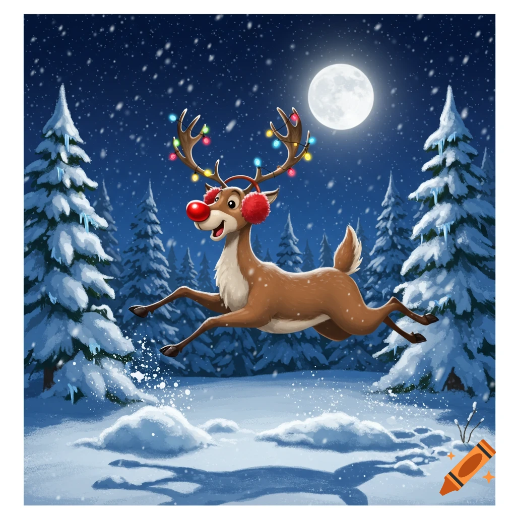 A cheerful cartoon reindeer with a red nose, earmuffs, and festive lights on its antlers leaps through a snowy forest under a full moon.