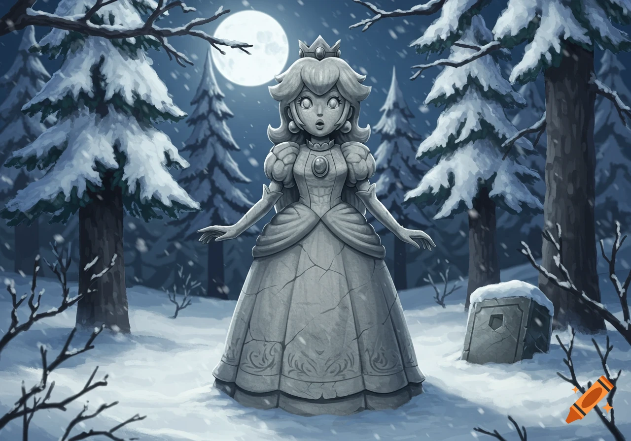 Illustration of a Princess Peach stone statue with a surprised expression and blank eyes, standing in a snowy, moonlit winter forest.