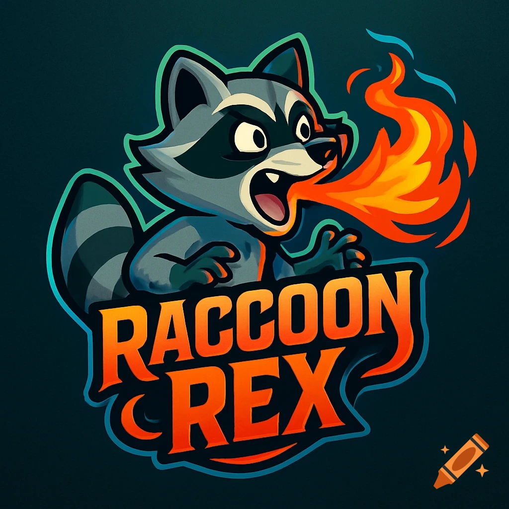 Cartoon raccoon gamer logo blowing fire with the text 'RACCOON REX' in a stylized font.