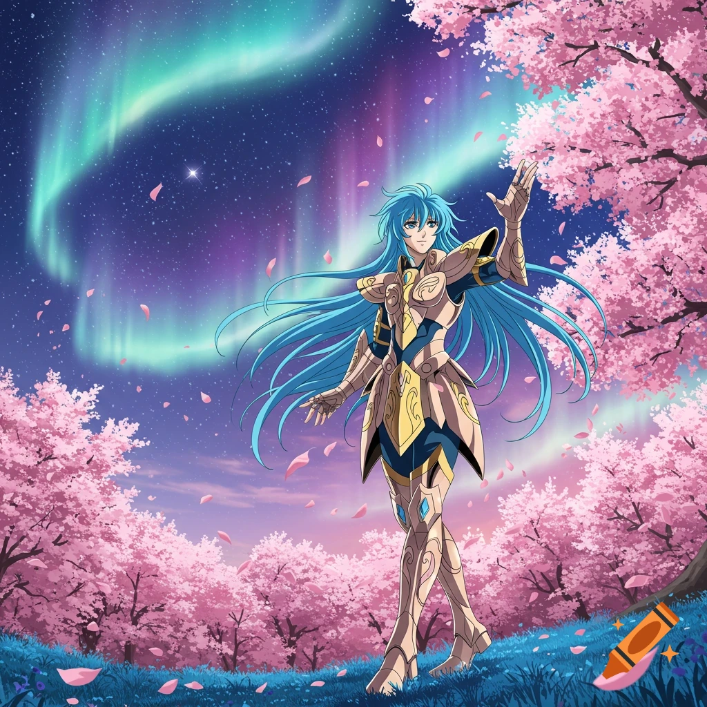 An anime character with long blue hair and gold armor stands in a field of pink cherry blossoms under a starry night sky with a vibrant aurora.