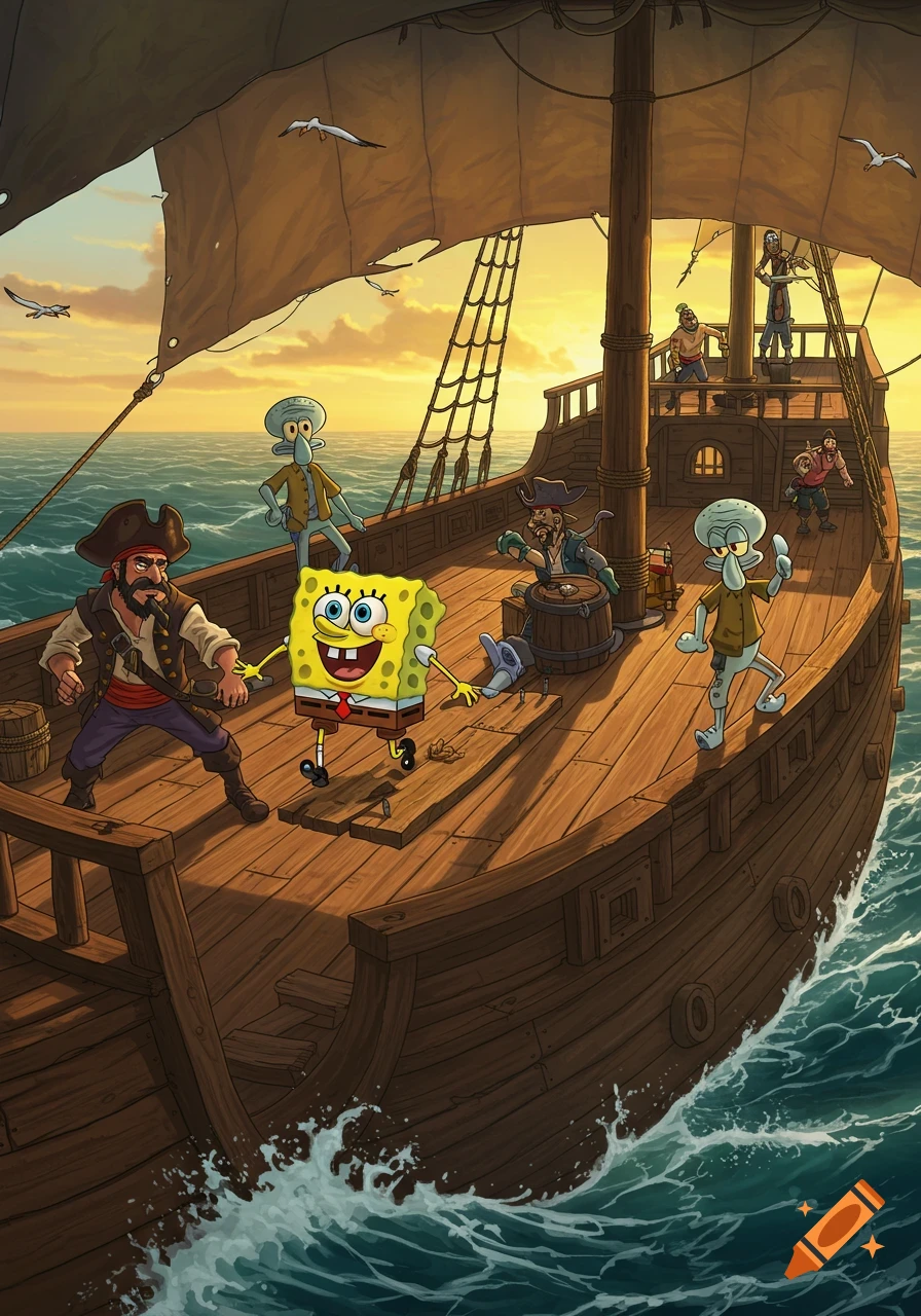 Cartoon illustration of SpongeBob, Squidward, and pirates on a ship sailing at sea at sunset.