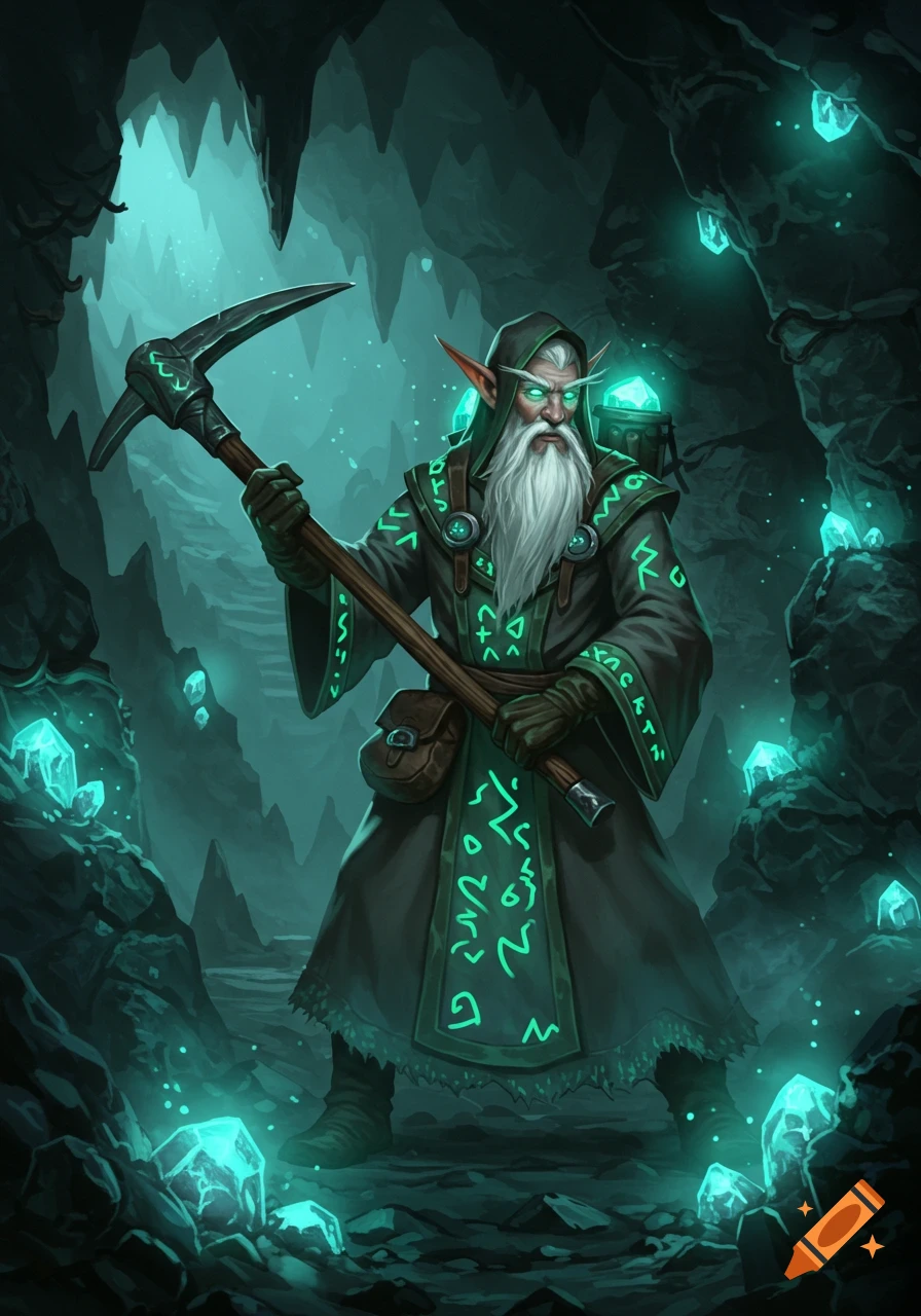 A fantasy snow-elf miner in dark robes with glowing green symbols holds a pickaxe in an eerie gem-filled cave.