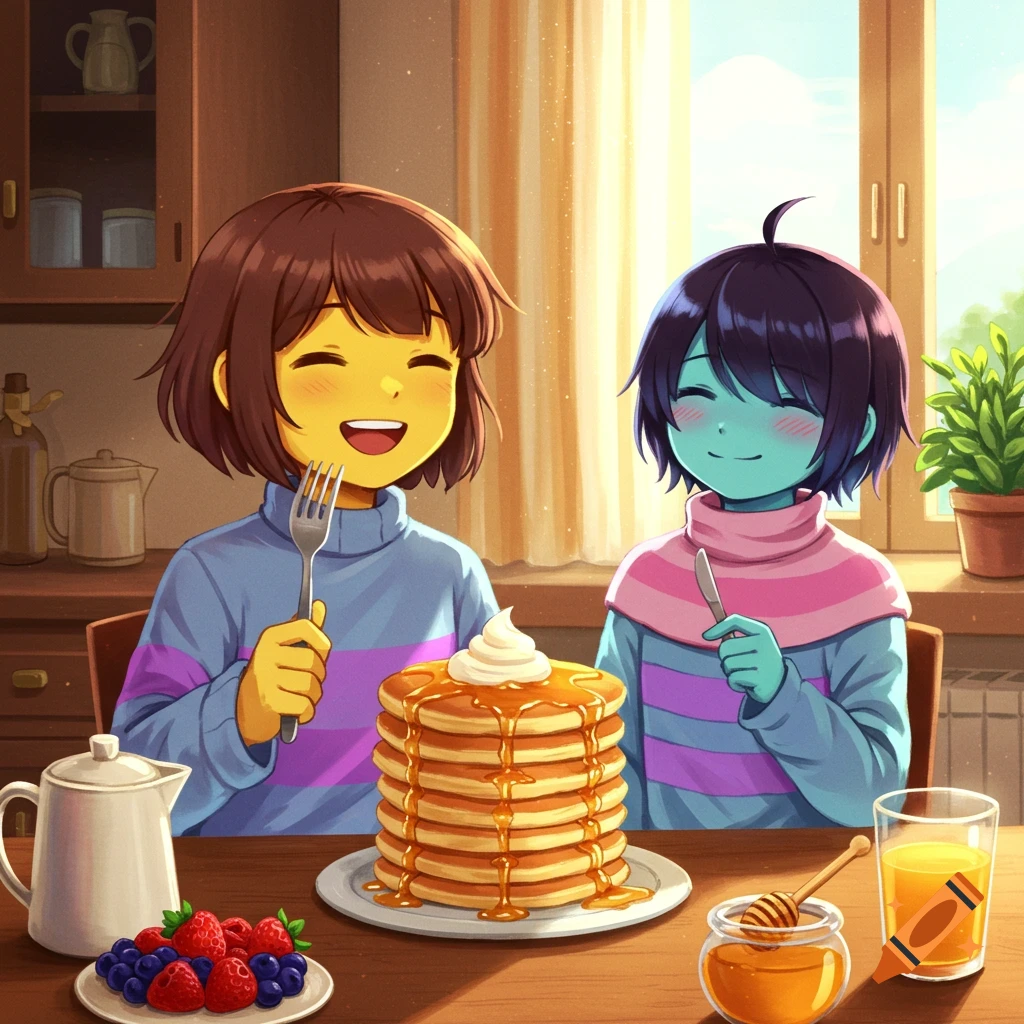 Anime characters Frisk and Kris happily eating a stack of pancakes with berries, honey, and orange juice.