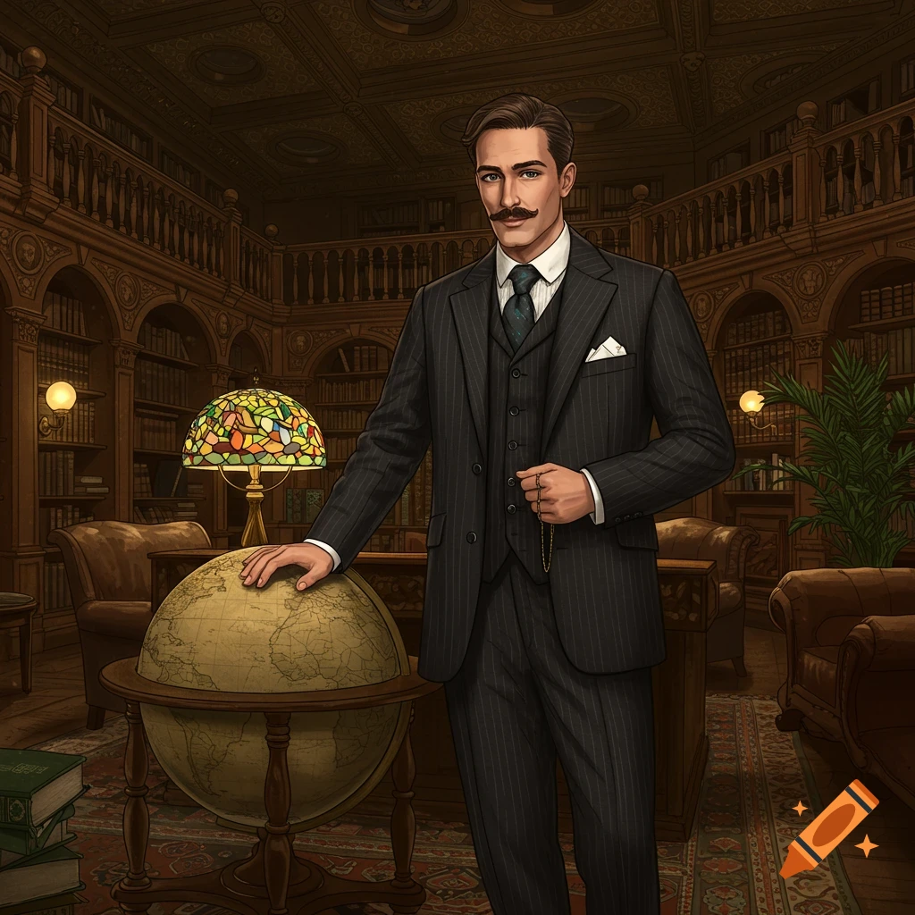 An illustrated gentleman in a pinstripe suit and mustache stands in a grand library, hand resting on a globe.