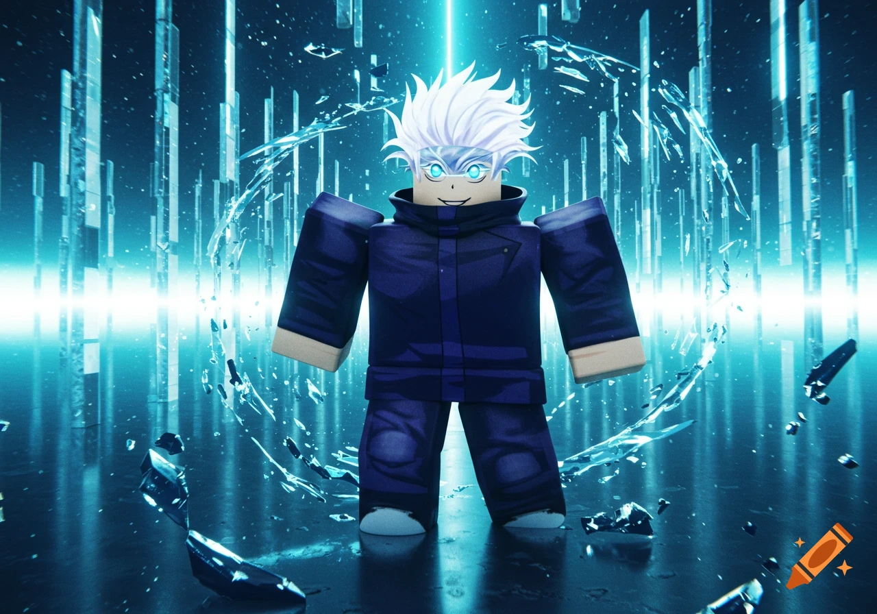 Roblox-style Gojo Satoru in a dark blue outfit, with spiky white hair and glowing blue eyes, surrounded by shattered ice and blue light in a digital environment.