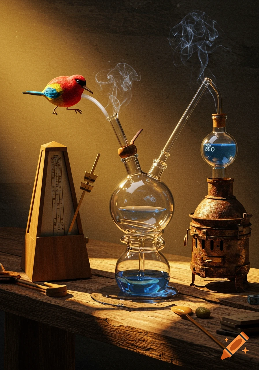 A colorful bird sips from a glass apparatus that billows smoke. A metronome and a rusty calcinator sit nearby on a wooden table.
