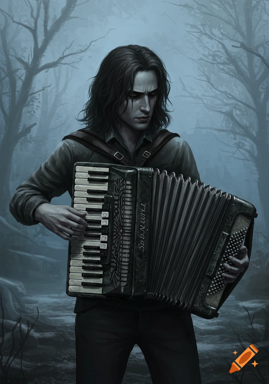 A dark fantasy illustration of a man with long hair playing an accordion in a foggy, treed landscape.