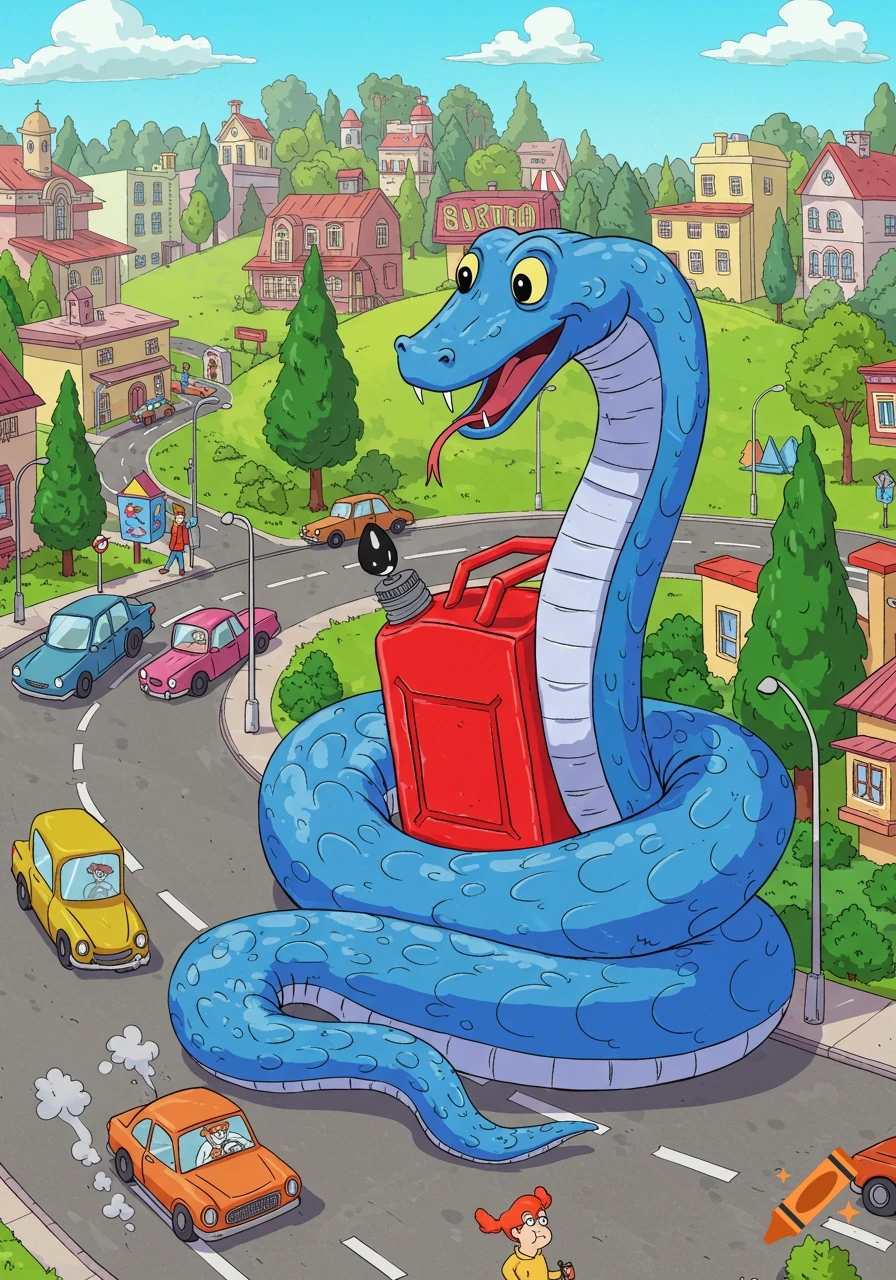 A giant blue cartoon snake with a red gas can wrapped around its body stands in the middle of a colorful cartoon town with cars and people.