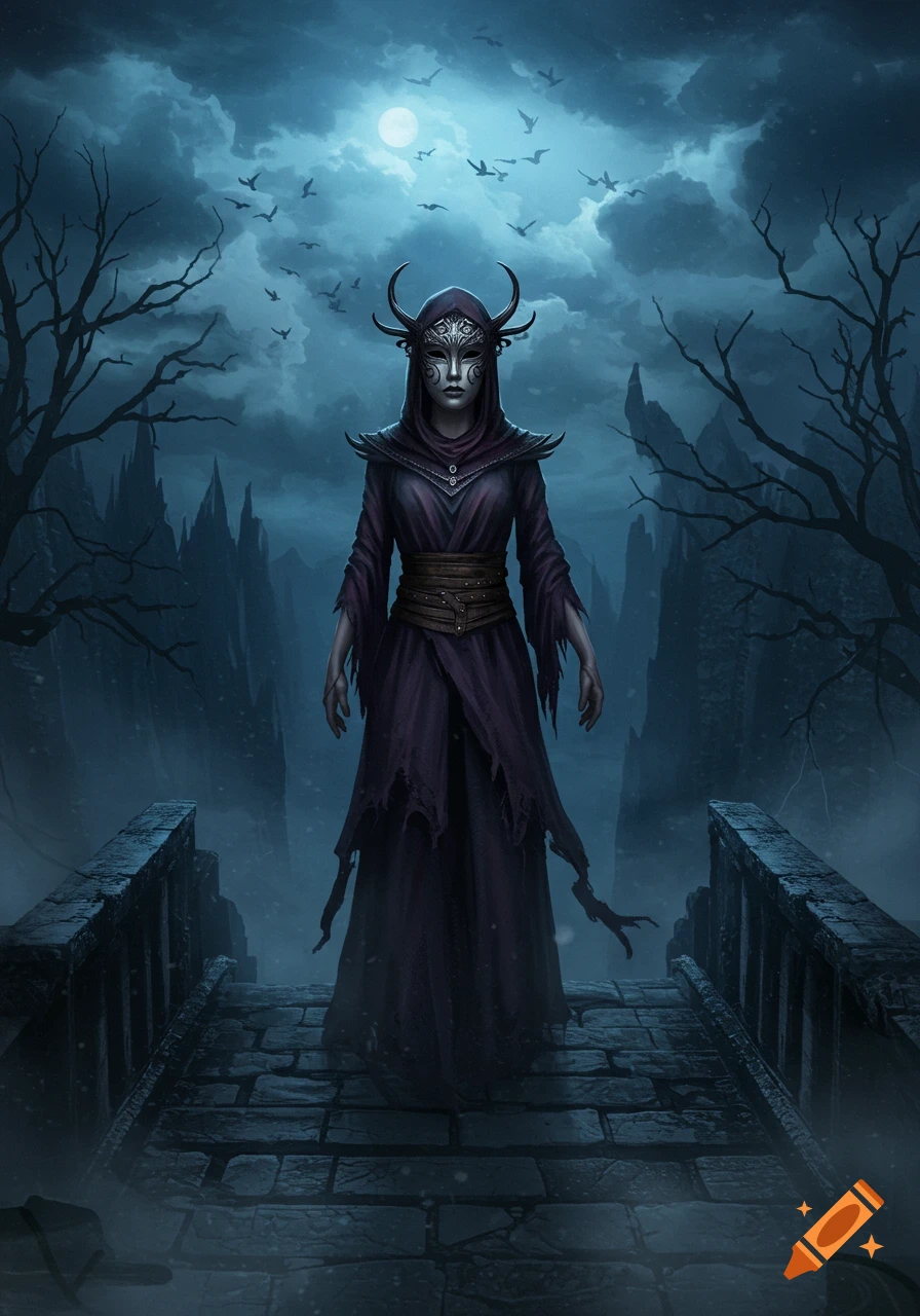 A masked, robed woman on a stone bridge under a full moon in a dark, misty fantasy landscape.