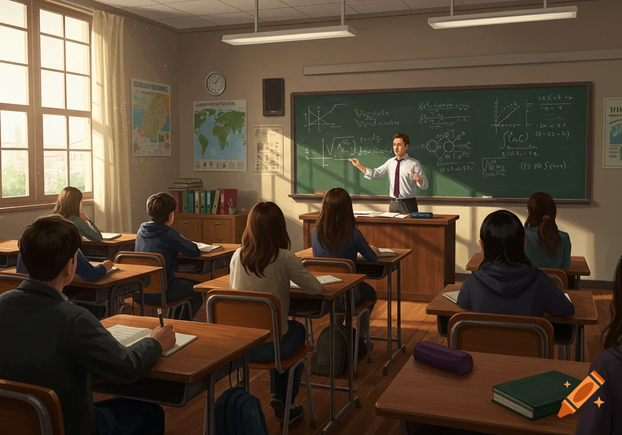 A teacher stands at a blackboard in a sunny classroom, explaining math to students seated at wooden desks from a back-of-the-room perspective.