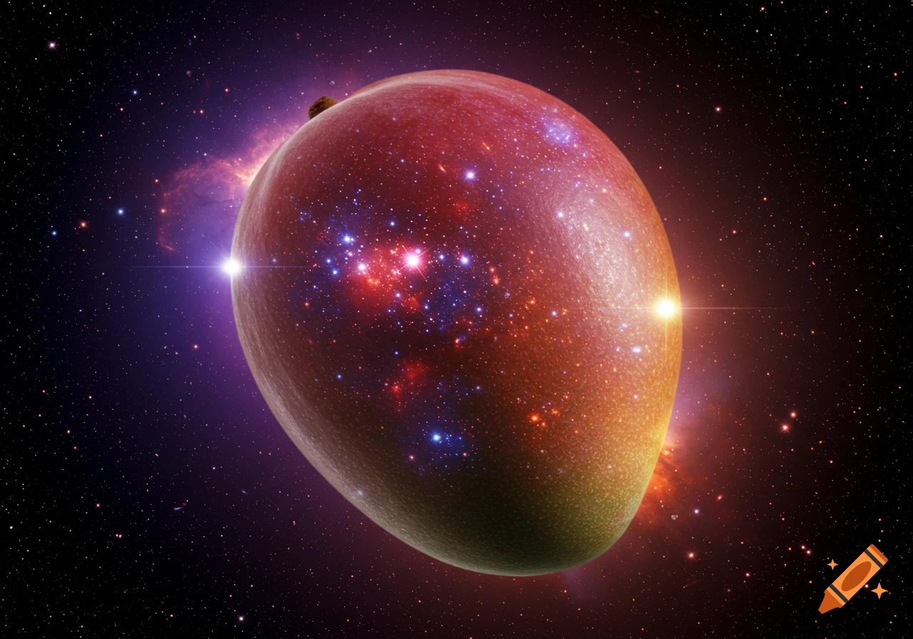 A cosmic mango, reflecting stars and nebulae, floats in deep space with bright light sources.