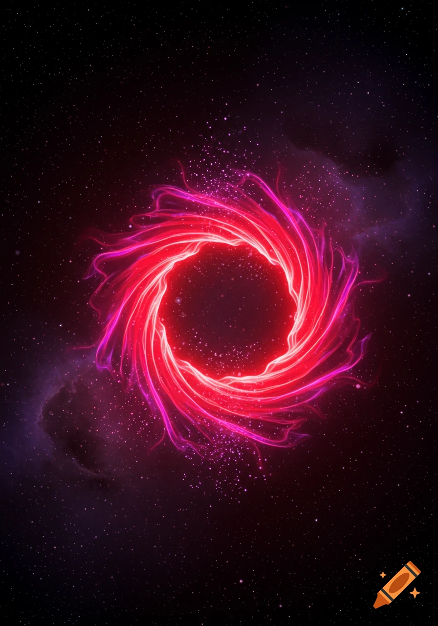 A vibrant red and purple swirling, glowing magic portal in a dark, starry cosmic space.