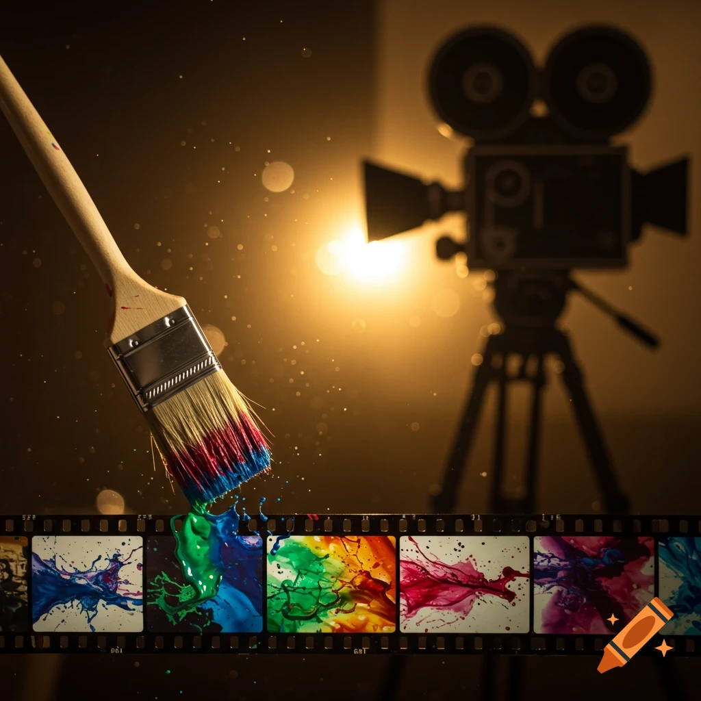 Photorealistic image of a paintbrush splashing vibrant paint onto a filmstrip, with a vintage movie camera in the background.