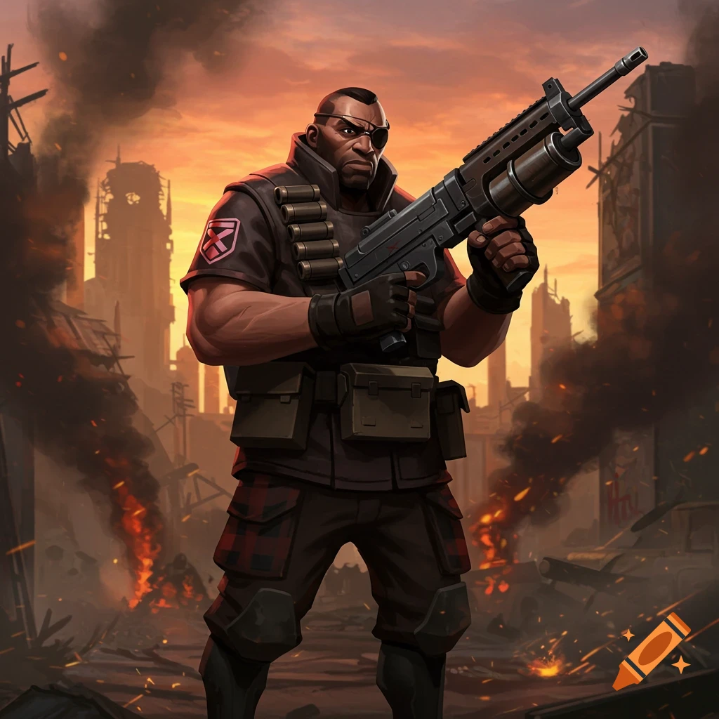 A stylized, muscular man with an eyepatch and tactical gear holds a large weapon in a burning, ruined city at sunset.