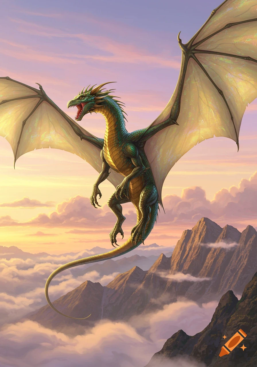 A green and gold dragon with large translucent wings flies through a pink and orange sunset sky above misty mountain peaks.