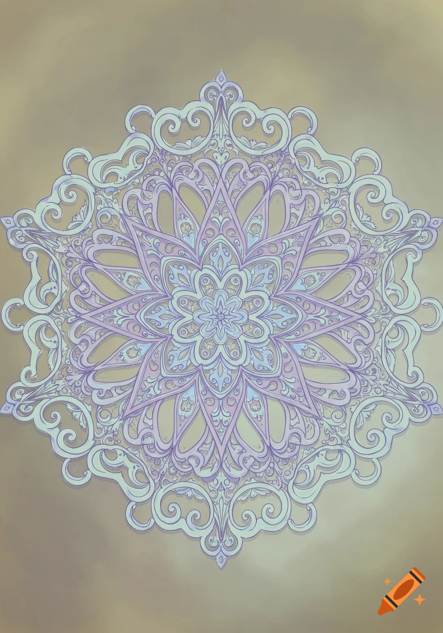 An intricate mandala-like pattern in light purple, blue, and cream on a faded brown background.