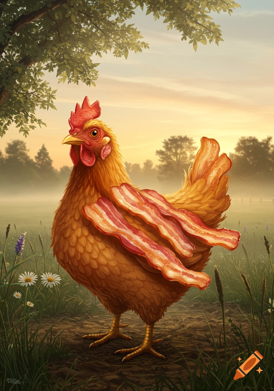 A whimsical chicken with bacon for feathers stands in a misty, grassy field at sunrise.