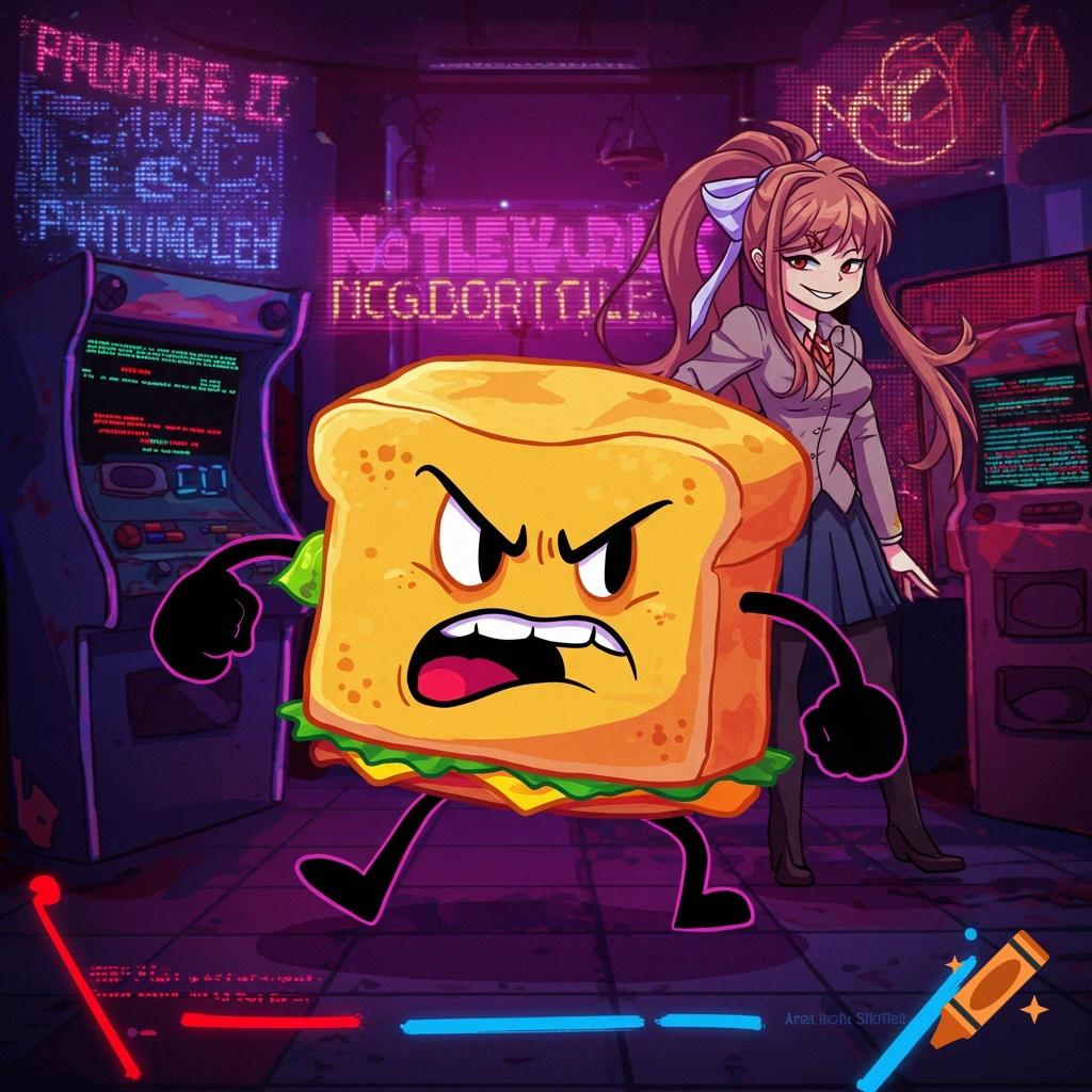 An angry anthropomorphic sandwich confronts Monika, an anime girl, in a vibrant, neon-lit retro arcade.