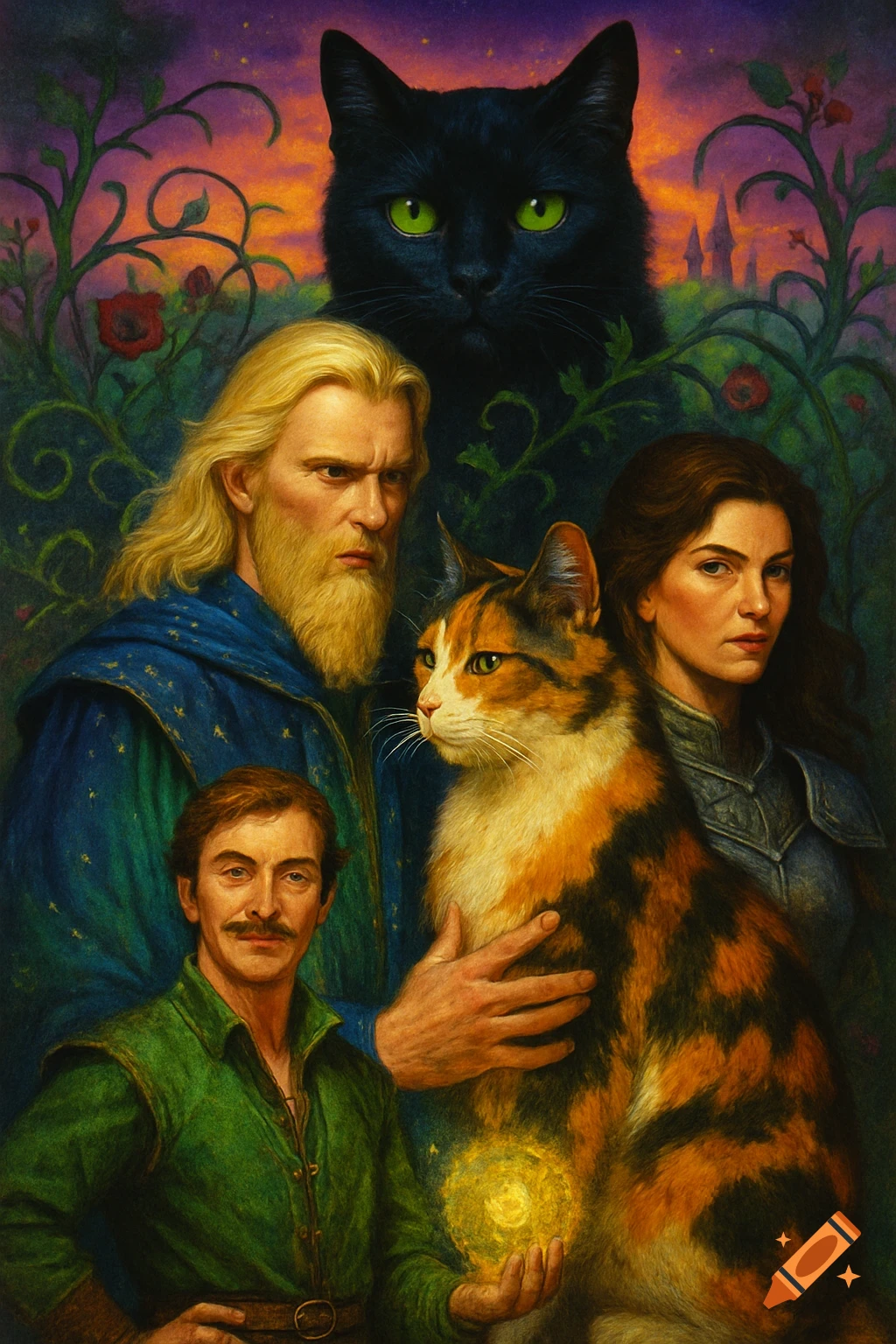 An 80s style fantasy painting features a blond bearded man, a mustached man holding a glowing orb, a brunette, a calico cat, and a giant black cat in a dark garden.
