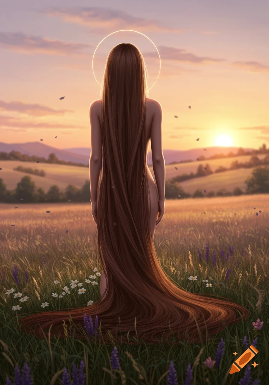 A woman with a halo and incredibly long brown hair stands facing away in a sunlit field at sunset.