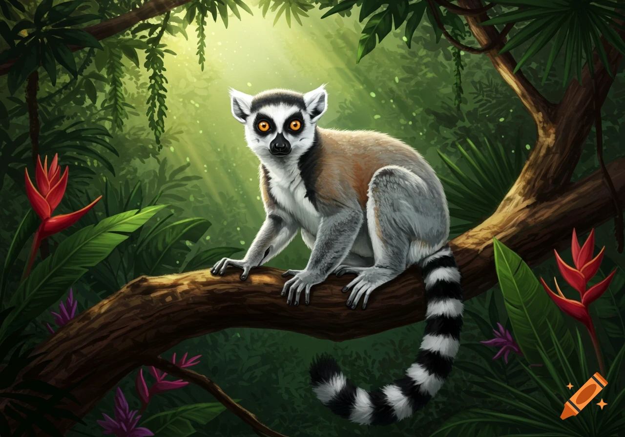A ring-tailed lemur with bright orange eyes sits on a thick tree branch in a lush, sunlit jungle.