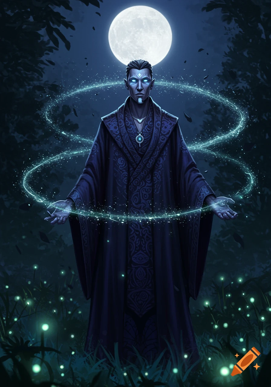 A mystical male wizard in a dark robe conjures glowing magic in a moonlit forest with glowing plants.