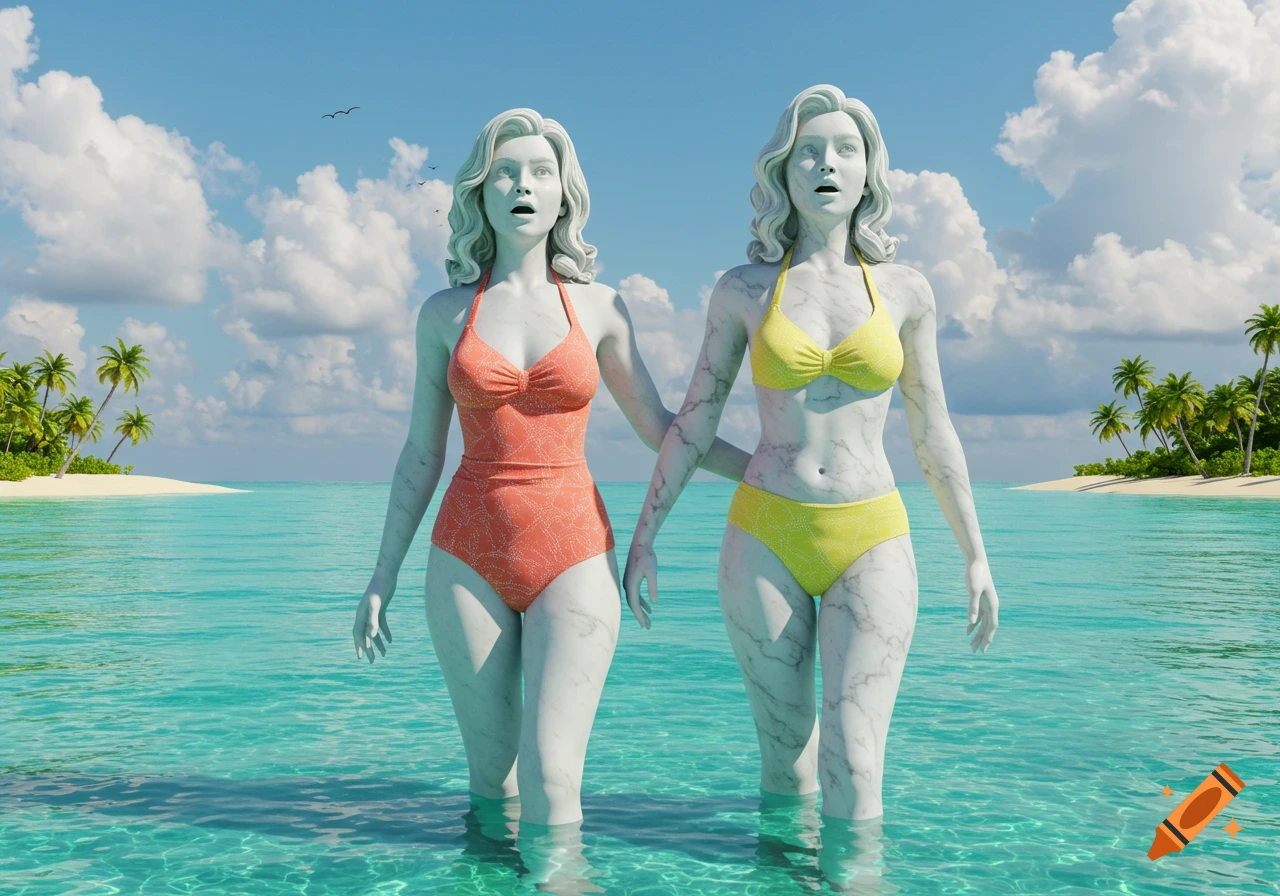 Two surprised marble statues of women in swimwear stand in clear tropical ocean water with palm trees in the background.