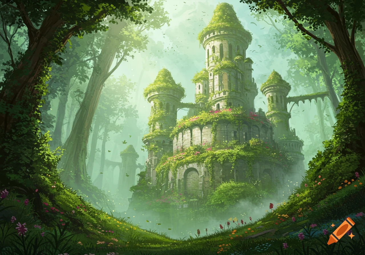 A dreamy, overgrown castle covered in green vines and pink flowers sits deep within a misty, ancient forest in a painterly style.
