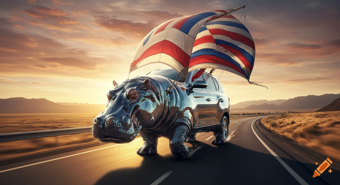 A photorealistic hippopotamus-car hybrid with a striped sail on its back speeds down a highway at sunset.