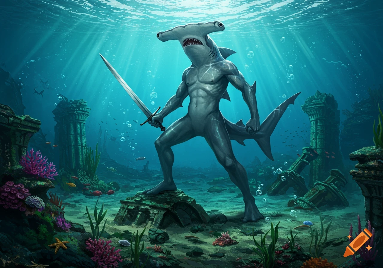 A muscular hammerhead shark person stands poised with a sword in an underwater realm among ancient ruins and coral reefs, illuminated by sun rays from above.
