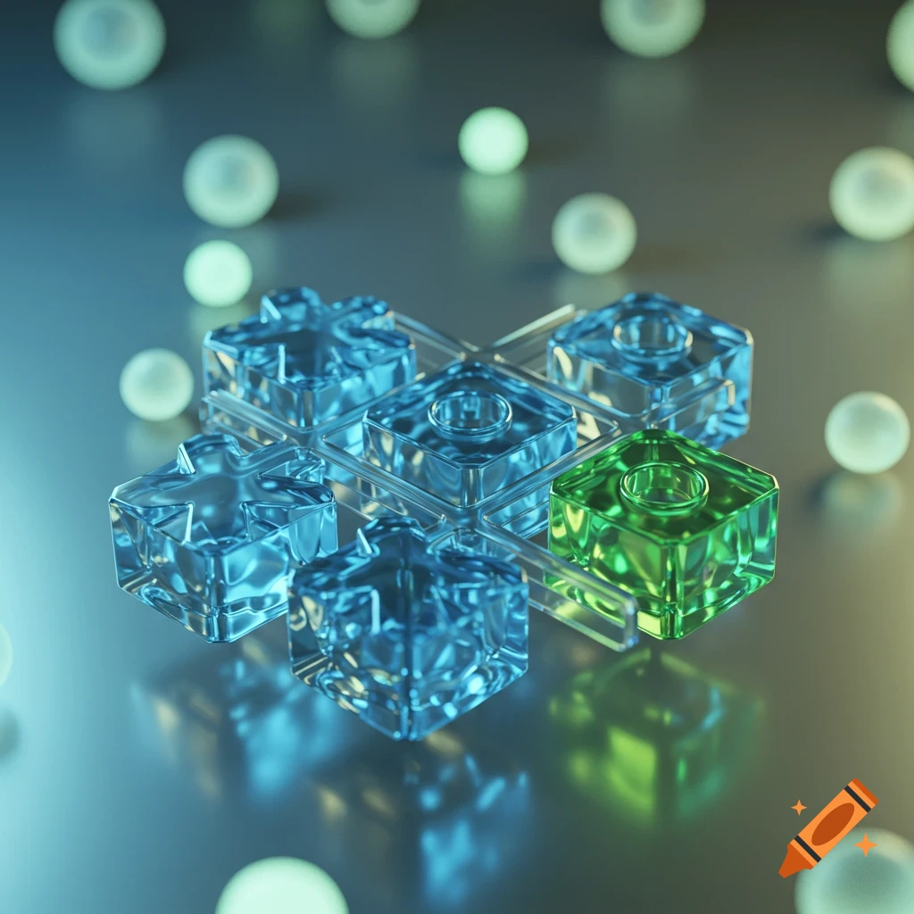 A 3D render of a tic-tac-toe game with clear blue 'X' pieces and one vibrant green 'O' piece on a reflective surface, surrounded by blurred glowing orbs.