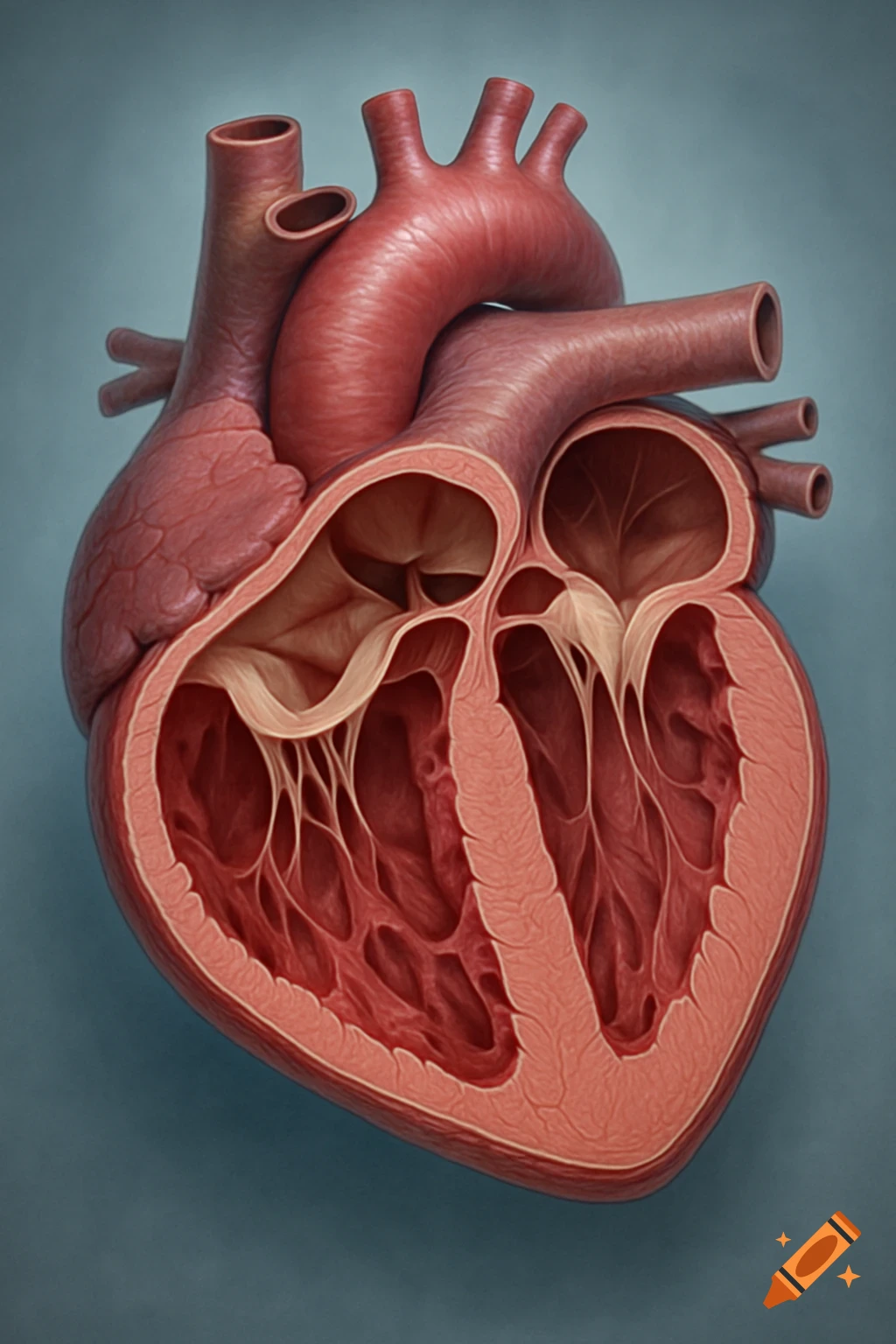 Anatomical cross-section illustration of a mammal heart showing chambers, valves, and major blood vessels.