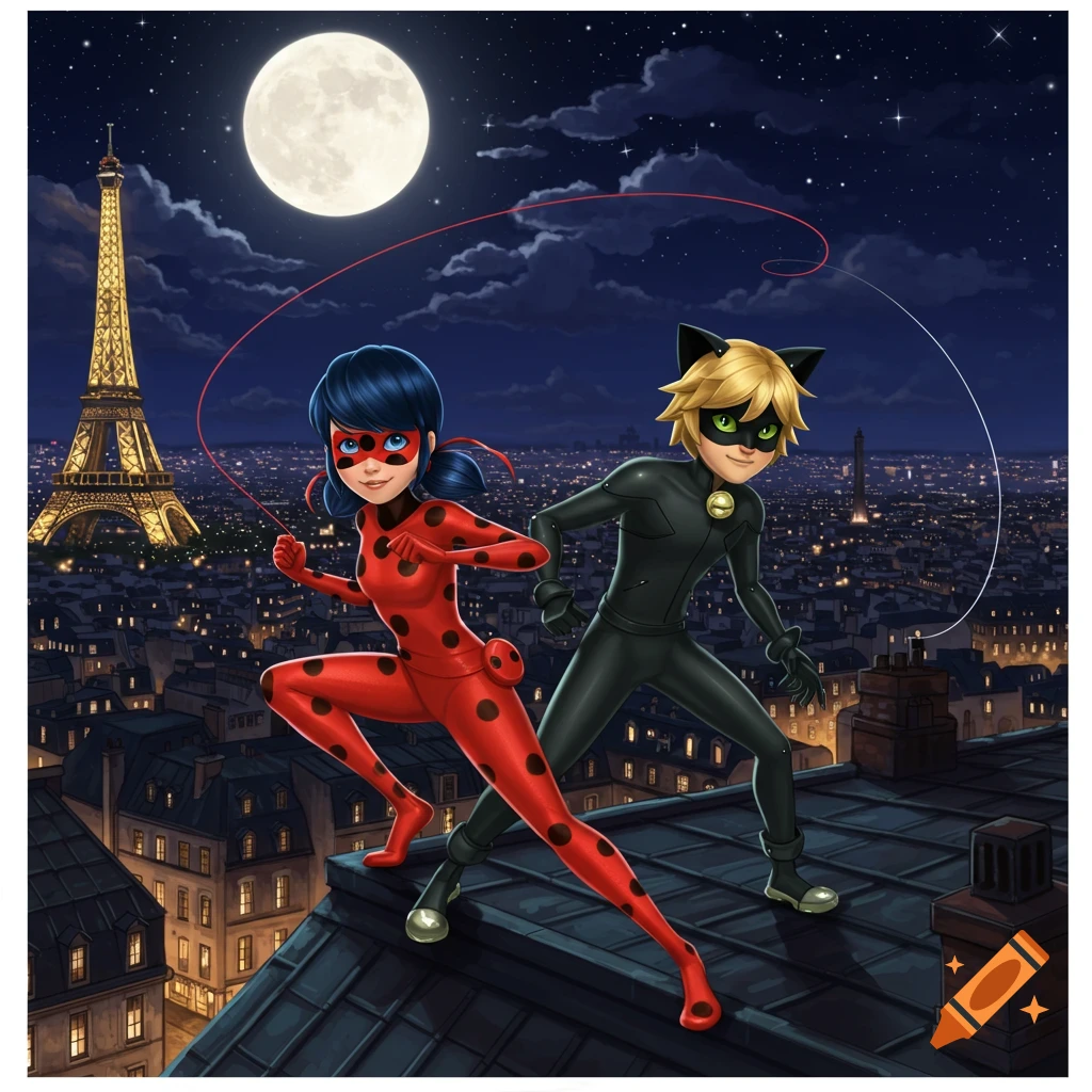 Animated Ladybug and Cat Noir posing heroically on a Paris rooftop at night, with the Eiffel Tower and a full moon in the background.