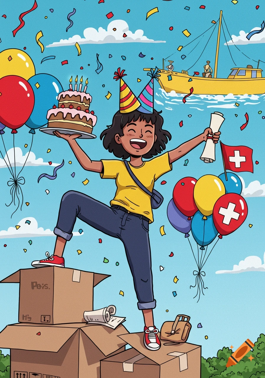 A happy cartoon woman in a party hat celebrates with cake, a diploma, Swiss flag, balloons, and confetti while standing on moving boxes.