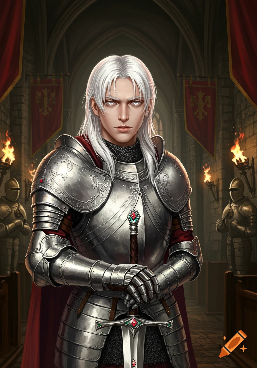A young knight with long white hair and glowing white eyes stands in ornate silver armor, holding a sword in a medieval hall.