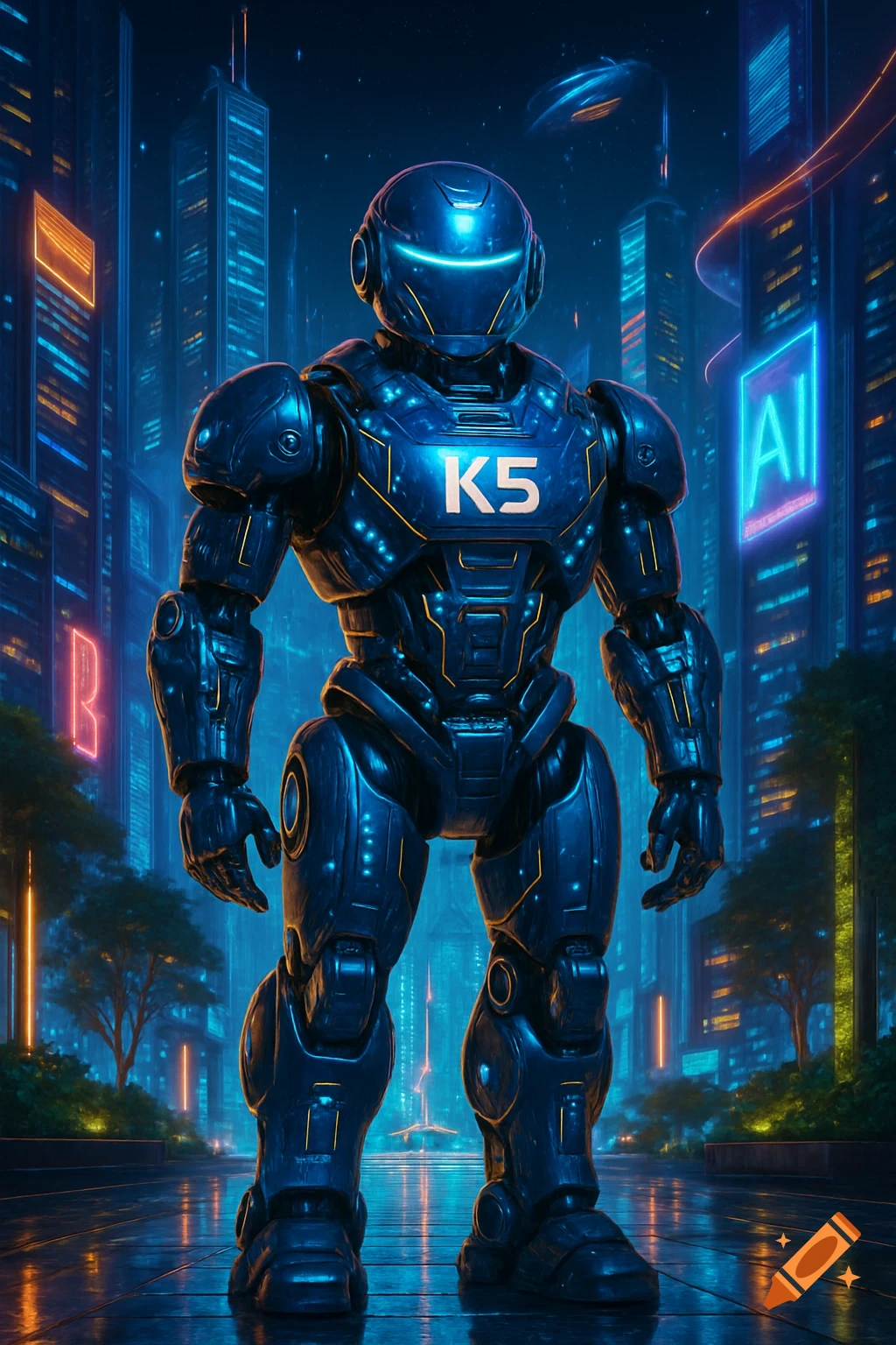 A large, metallic blue robot with glowing accents stands in a futuristic city at night, under neon signs.