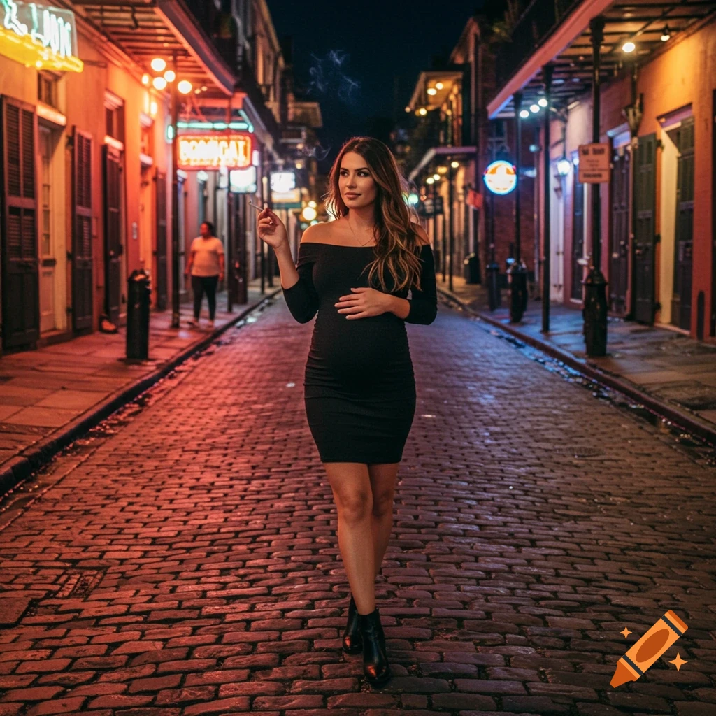 A pregnant woman in a black dress holds a cigarette while walking down a cobblestone street at night, neon signs glowing.