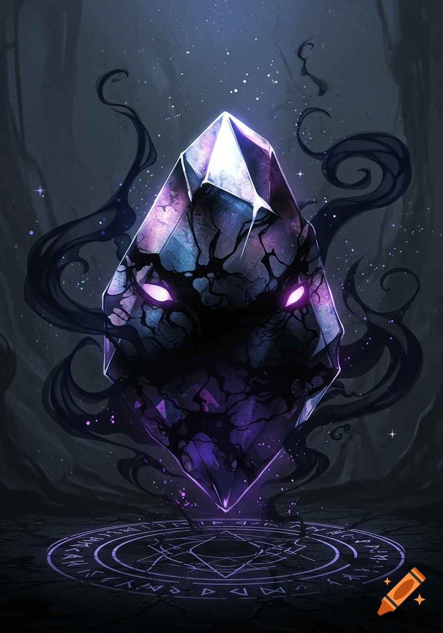 A glowing dark purple crystal with an eerie aura rests on a magical summoning circle in an anime art style.