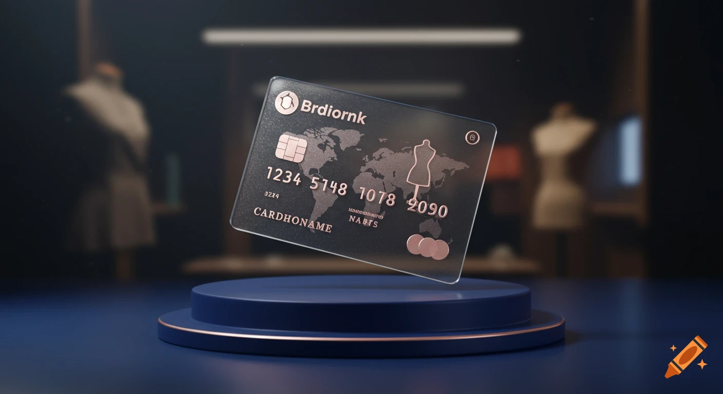 A luxurious transparent glass debit card with rose-gold embossed details floats above a navy pedestal in a blurred tailor workshop.