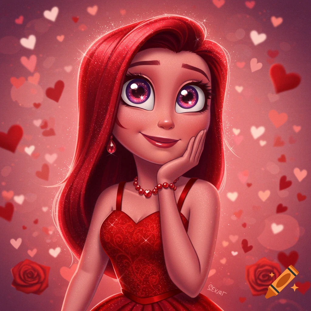 Cartoon girl with red hair and big purple eyes in a red dress, smiling, surrounded by floating hearts and roses in a whimsical style.