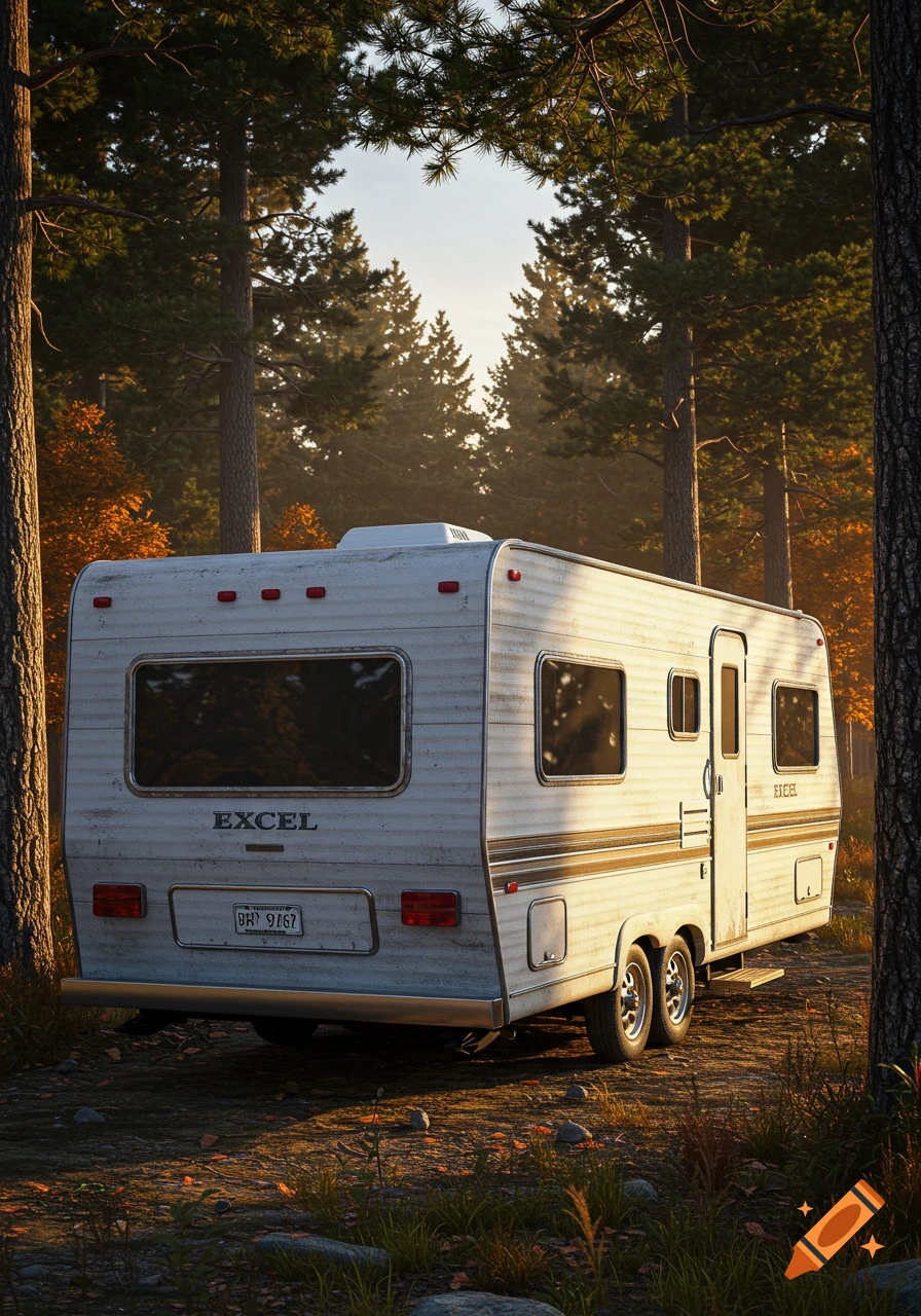 A white and brown camper trailer with "EXCEL" on its back is parked on a dirt path in a sunlit forest, appearing photorealistic.