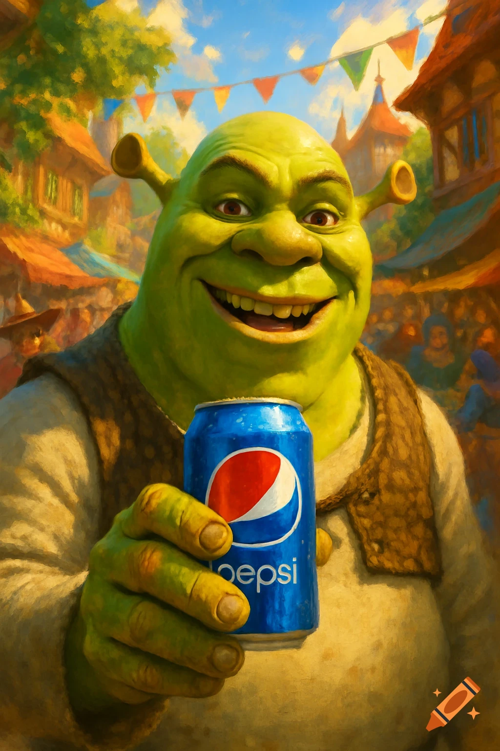 A painterly image of Shrek smiling, holding a blue Pepsi can in a bustling, festive marketplace.