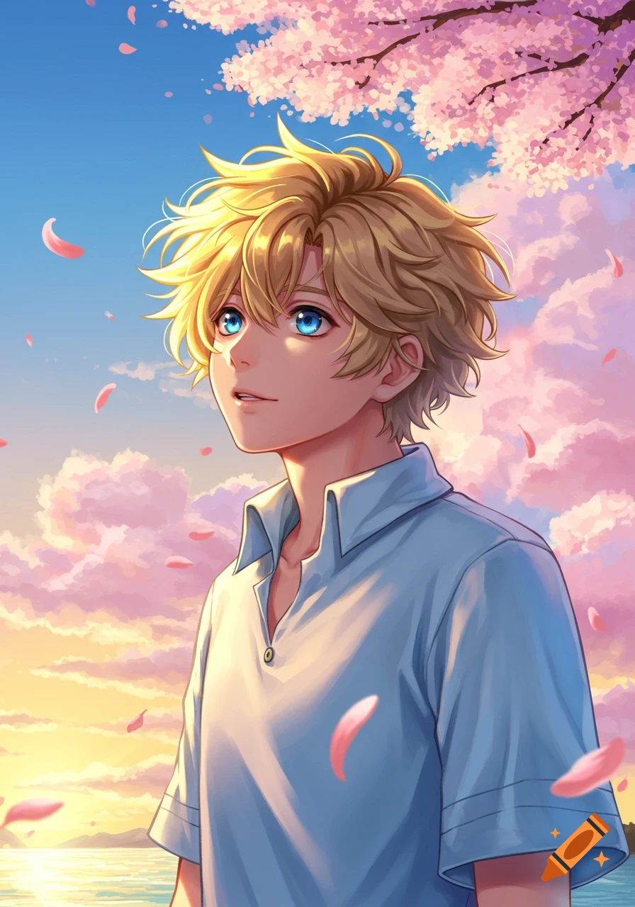 An anime boy with fluffy blonde hair and blue eyes looks up at cherry blossoms in a vibrant sky with pink clouds.