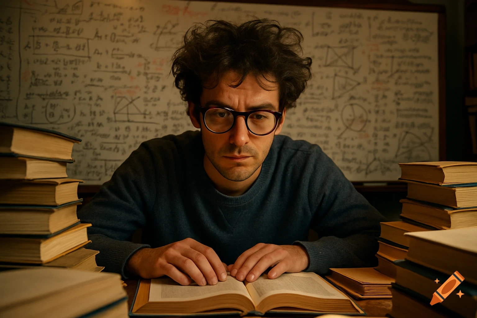 A man with messy hair and glasses intensely studies a book at a desk, surrounded by stacks of books and a whiteboard covered in equations.