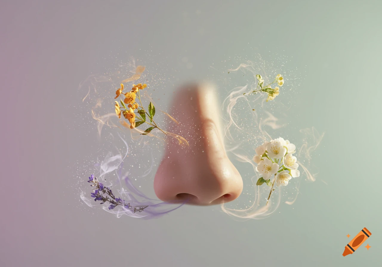 A human nose with yellow, white, and lavender flowers surrounded by smoky scent trails and sparkles, symbolizing smell.