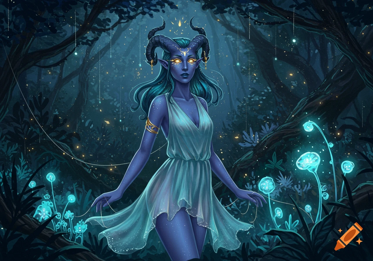 A blue-skinned tiefling woman with horns and glowing gold eyes stands in a magical, dark forest with glowing plants and fireflies, wearing a diaphanous dress.