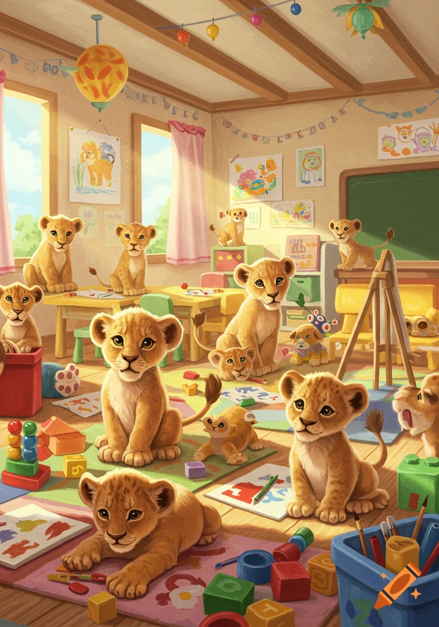 Cartoon illustration of numerous cute lion cubs playing and learning in a colorful kindergarten classroom.