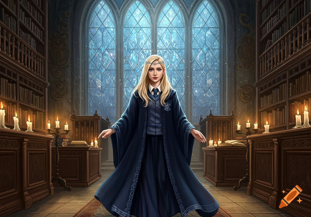 A blonde woman in dark blue Ravenclaw robes stands in a grand, candlelit library with large stained-glass windows.
