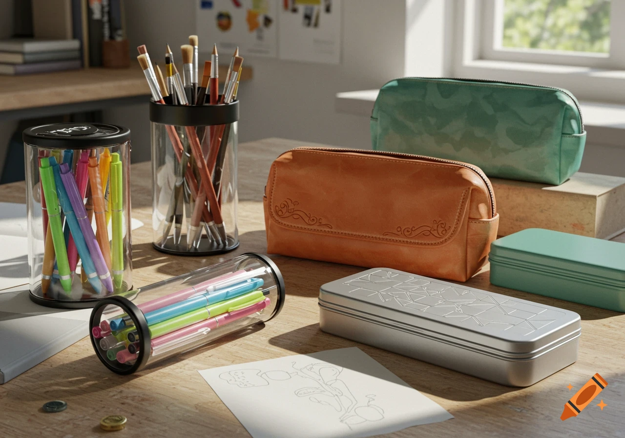 Photorealistic image of multiple pencil cases, colorful pens, and paintbrushes neatly arranged on a wooden desk.