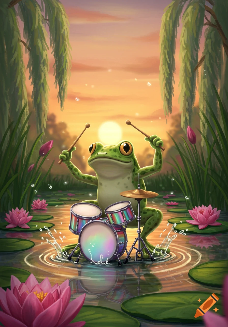 Cartoon frog playing a rainbow drum set in a lily pond at sunset, surrounded by water lilies and willow trees.